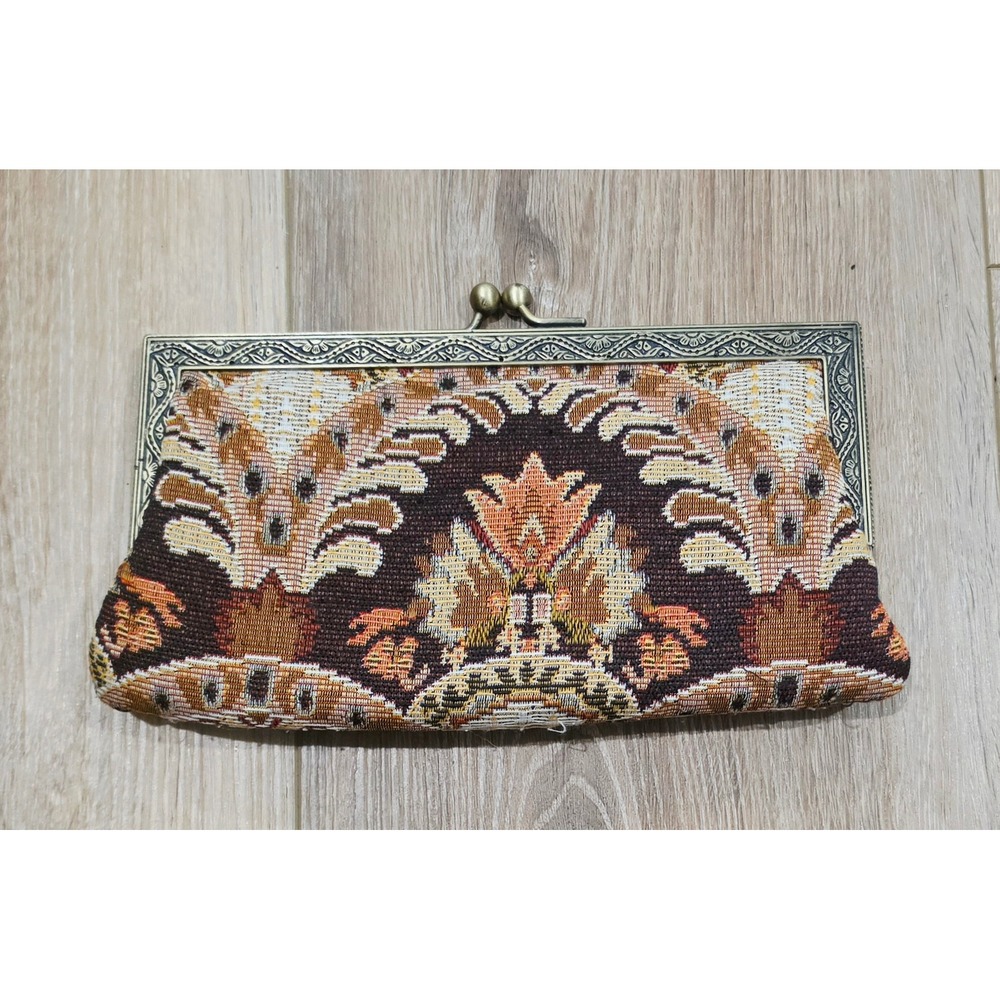 Tapestry Clutch Women OS Brown Excellent Vintage Floral Kiss-Lock Evening Purse